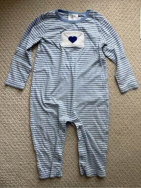 Little English Blue and White Striped One-Piece Footie with Navy Heart